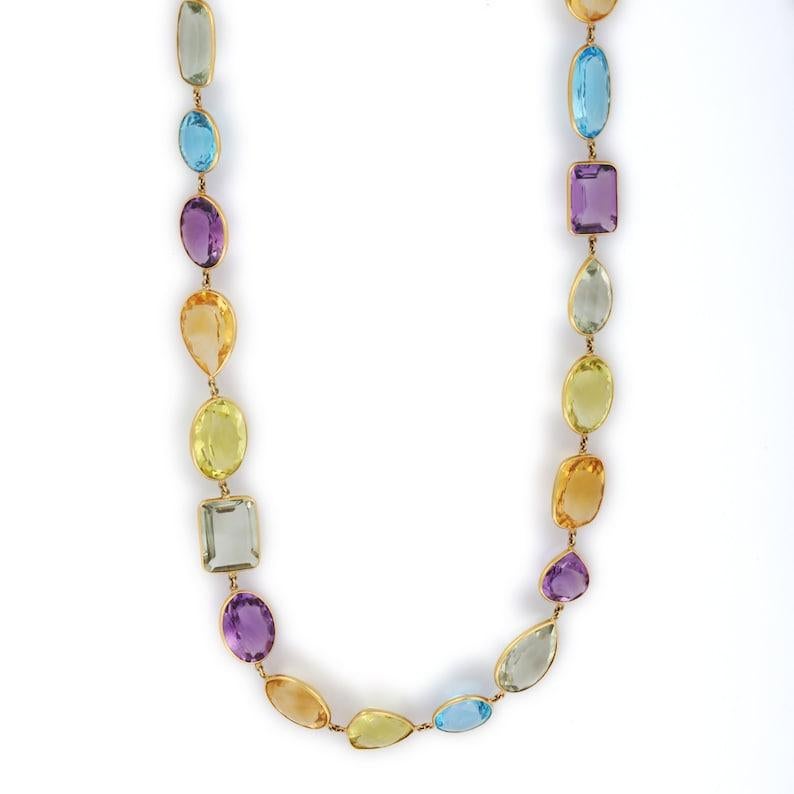 Mixed Cut Amethyst Citrine Peridot Topaz Multi-Gemstone Necklace in 18k Solid Yellow Gold For Sale
