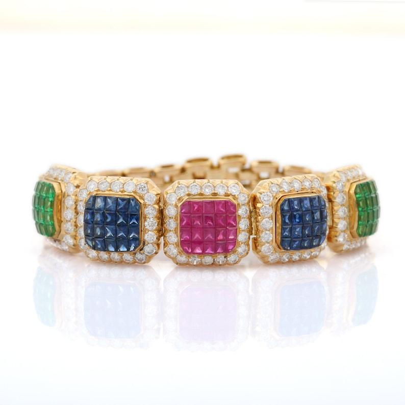 Square Cut Art Deco Style Emerald Ruby Sapphire Bracelet 18k Solid Yellow Gold  For Sale