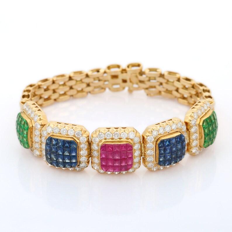 Women's Art Deco Style Emerald Ruby Sapphire Bracelet 18k Solid Yellow Gold  For Sale