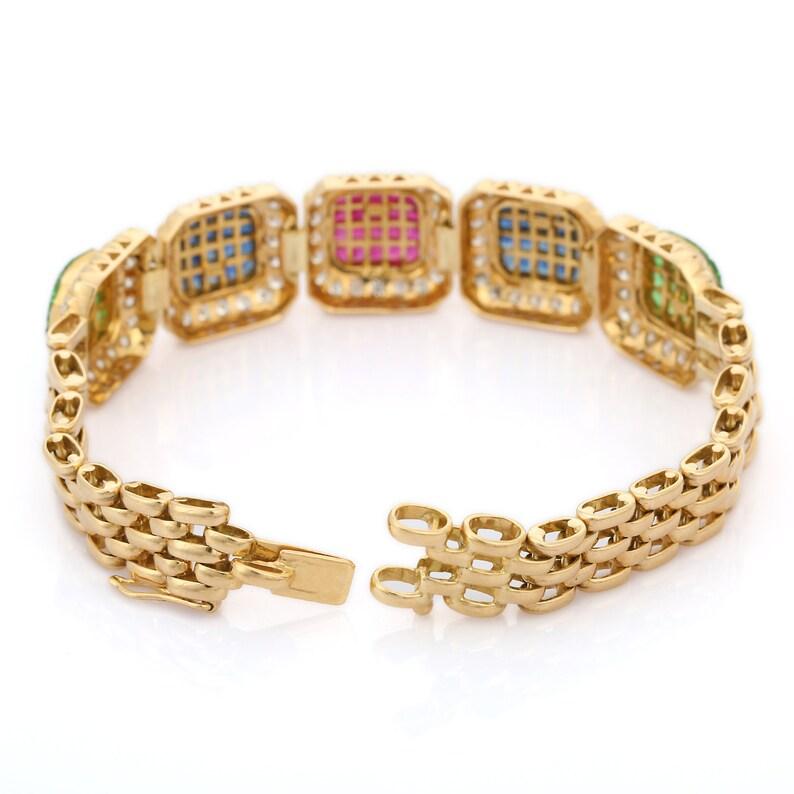 Art Deco Style Emerald Ruby Sapphire Bracelet 18k Solid Yellow Gold  For Sale 2