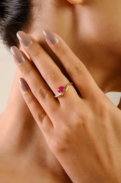 VR Jewels 3.11 Ct Oval Cut Natural Ruby Solitaire Wave Ring in 14K Yellow Gold