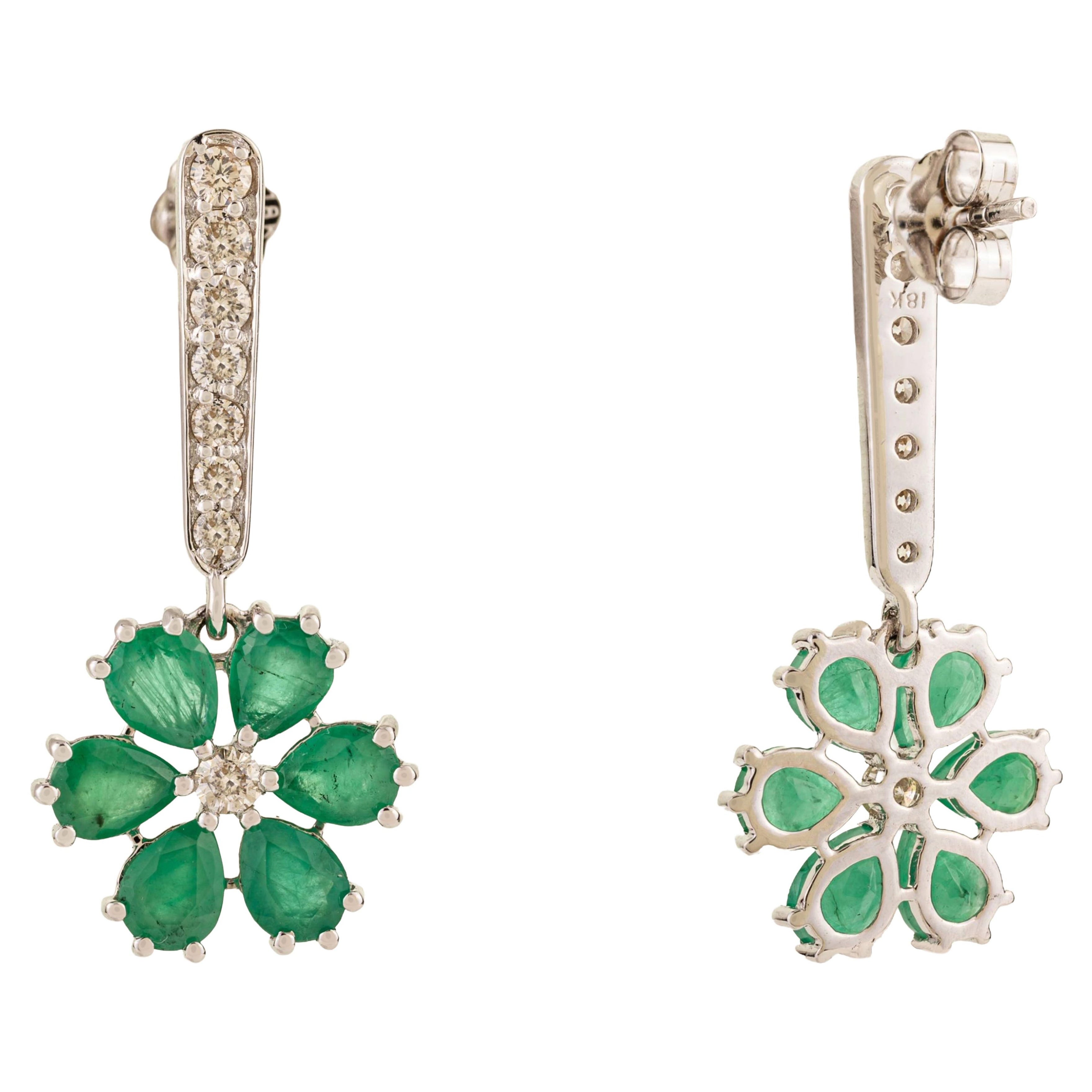 VR Jewels 3.33Ct Emerald 
Diamond Floral Drop Earrings in 18K Solid White Gold