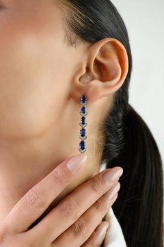 VR Jewels 3.47Ct Oval Blue Sapphire & Diamond Drop Earrings in 14K White Gold