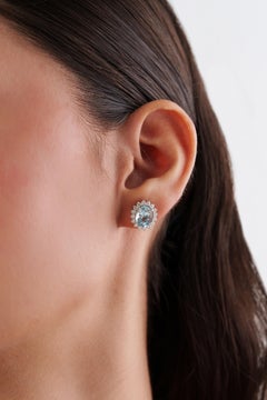VR Jewels 3.72ct Oval Aquamarine Diamond Halo Stud Earrings in 14K White Gold
