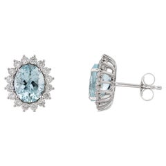 VR Jewels 3.72ct Oval Aquamarine Diamond Halo Stud Earrings in 14K White Gold