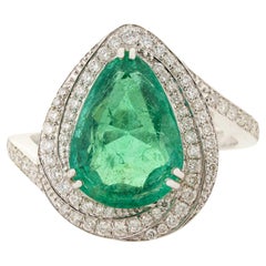 VR Jewels 3.74ct Pear Shape Emerald Diamond Double Halo Cocktail Ring 18K Gold