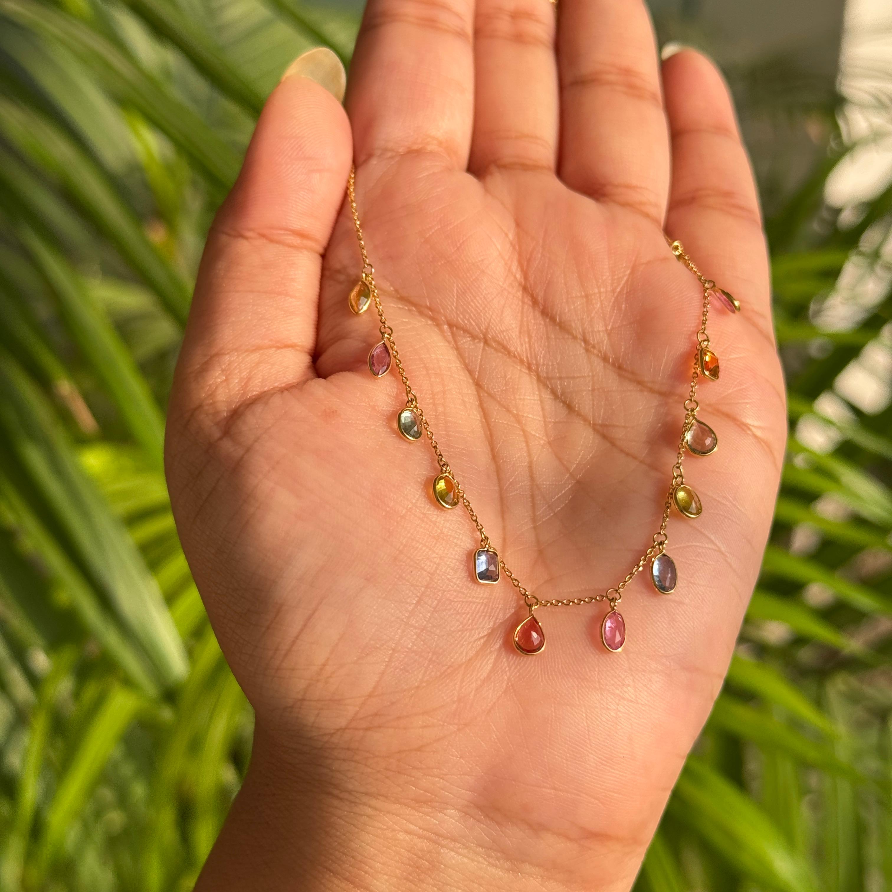 VR Jewels 4.45 Ct natürliche Multi Farbe Saphir Fransen Halskette 18K Gelbgold im Angebot 5