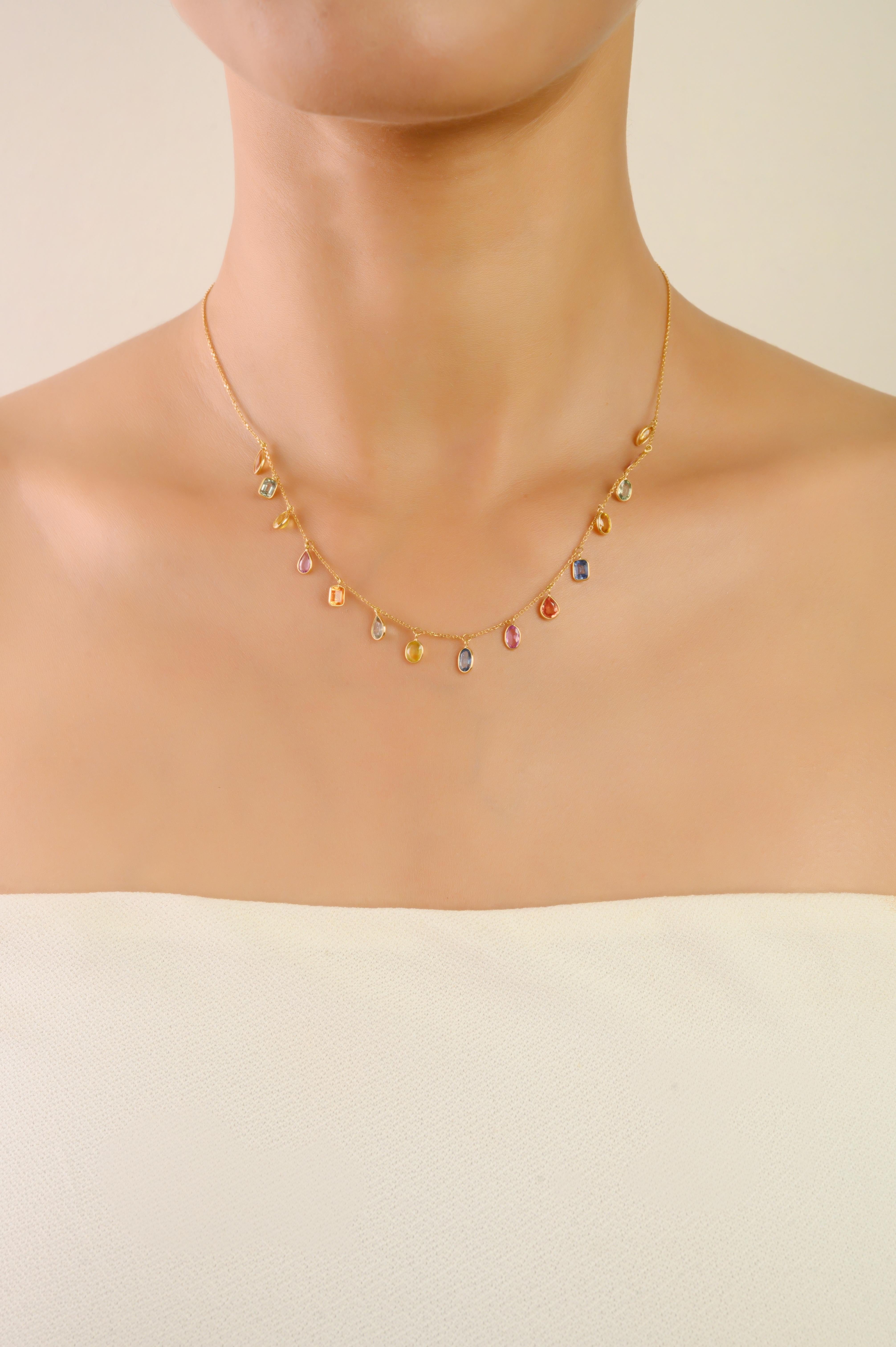 VR Jewels 4.45 Ct natürliche Multi Farbe Saphir Fransen Halskette 18K Gelbgold Damen im Angebot