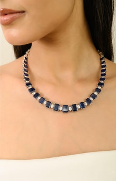 VR Jewels 47.64Ct Blue Sapphire & 6.19Ct Diamond Tennis Necklace 18K White Gold