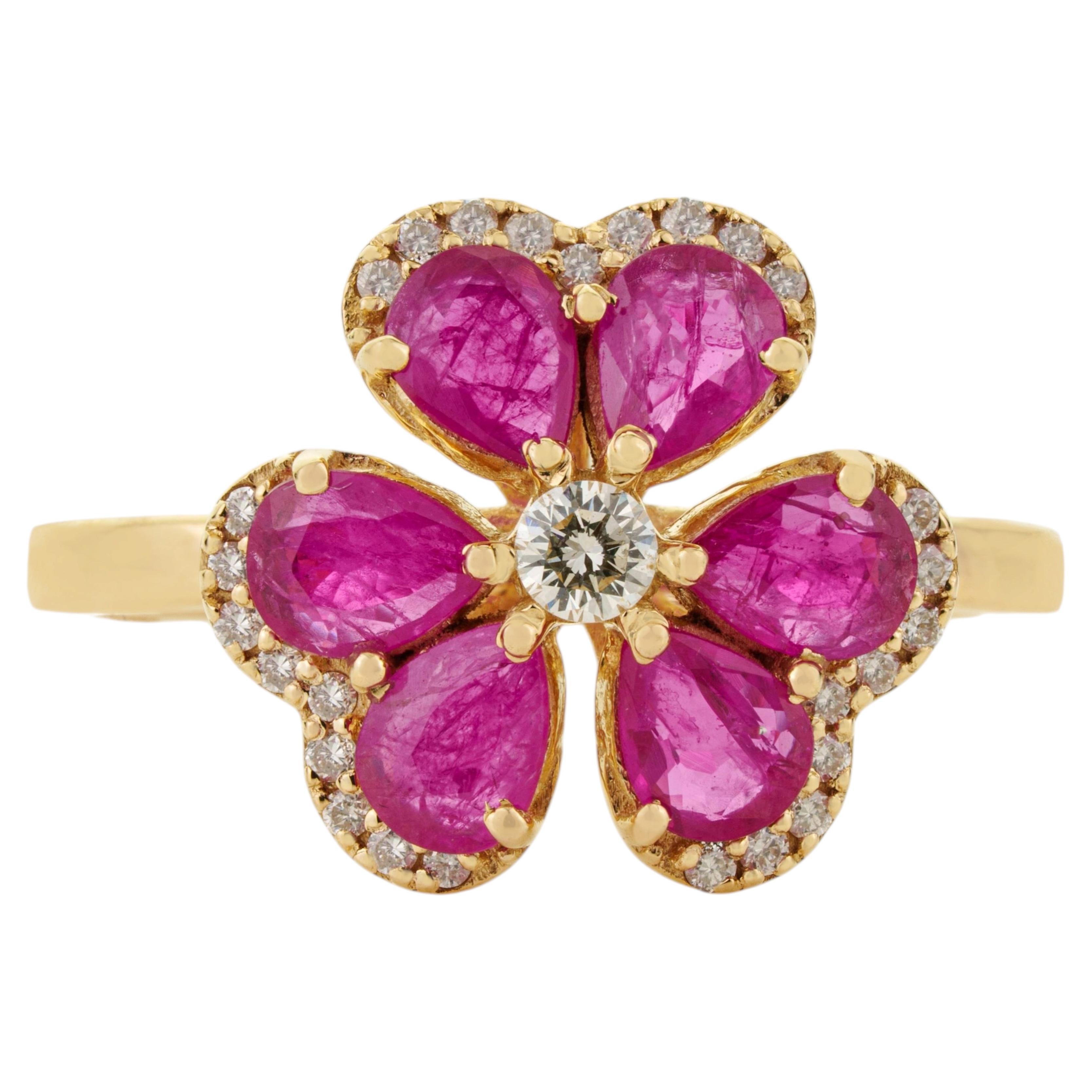 VR Jewels Blooming Ruby Diamond Floral Cocktail Ring 1.18ct in 14K Yellow Gold