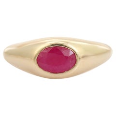 VR Jewels Certified 14k Yellow Gold Oval Cut Natural Ruby Signet Unisex Ring