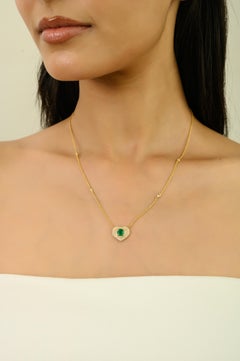 VR Jewels Emerald and Diamond Triple Halo Heart Pendant Necklace 18K Yellow Gold