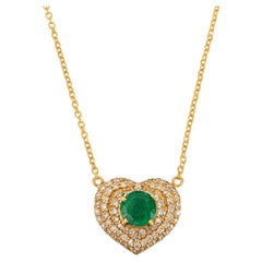 VR Jewels Emerald and Diamond Triple Halo Heart Pendant Necklace 18K Yellow Gold
