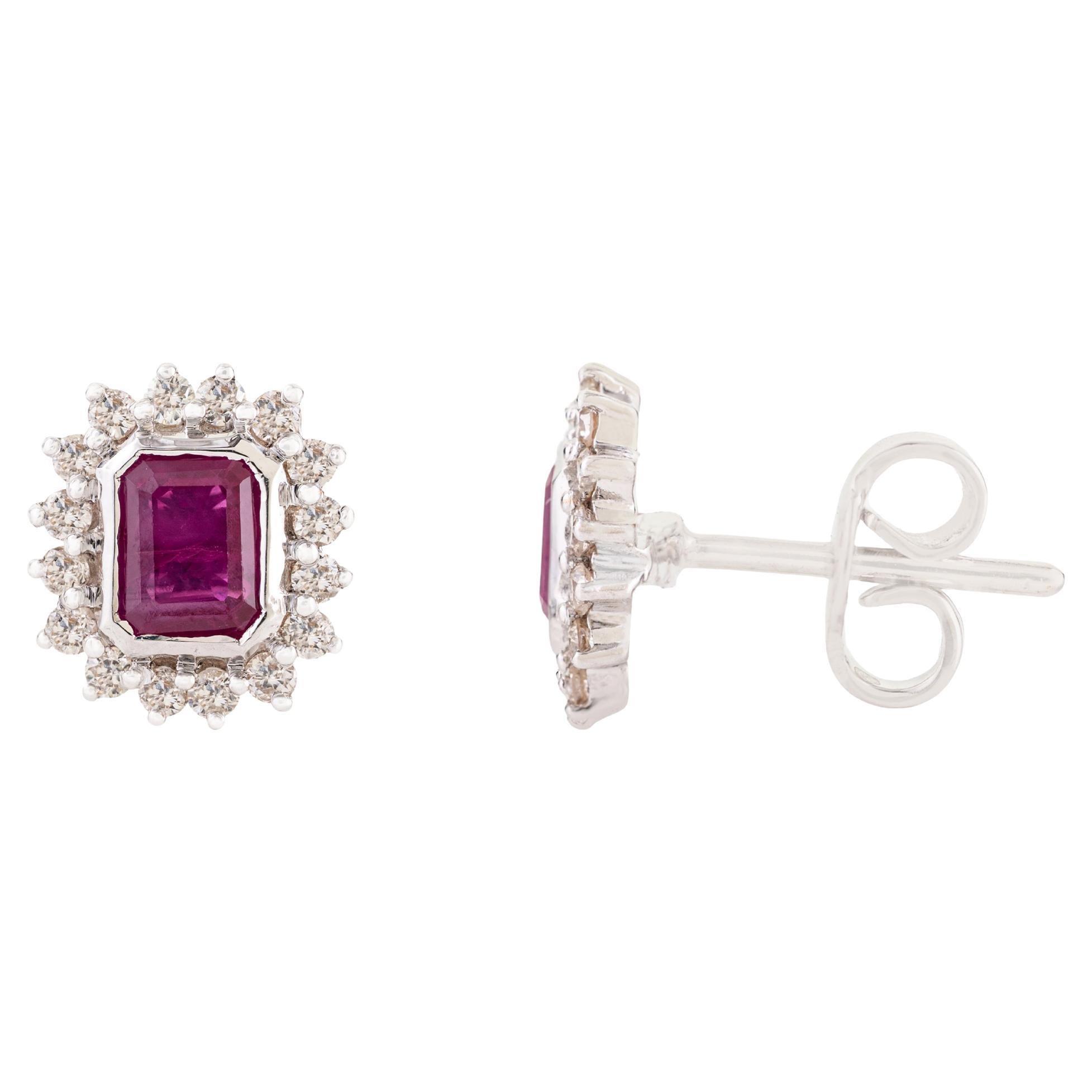 VR Jewels Emerald Cut Ruby & Diamond Halo Stud Earrings 1.06ct in 14K White Gold