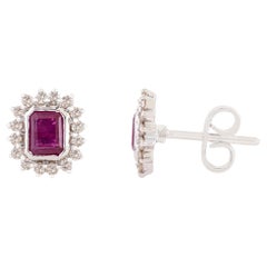 VR Jewels Emerald Cut Ruby & Diamond Halo Stud Earrings 1.06ct in 14K White Gold