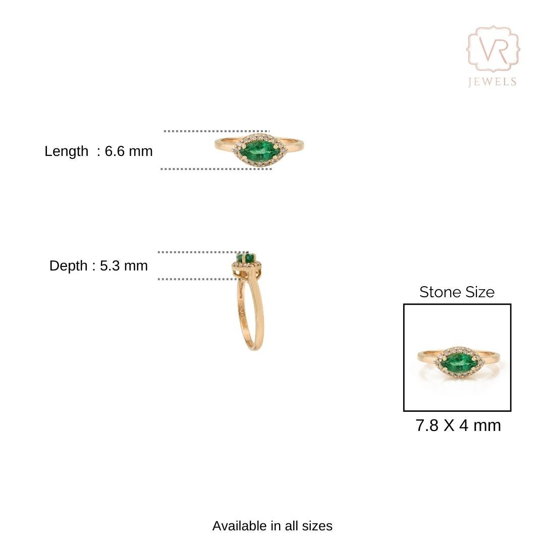 En vente :  VR Jewels Bague halo en or jaune massif 14 carats avec émeraude taillée en marquise et diamant 12