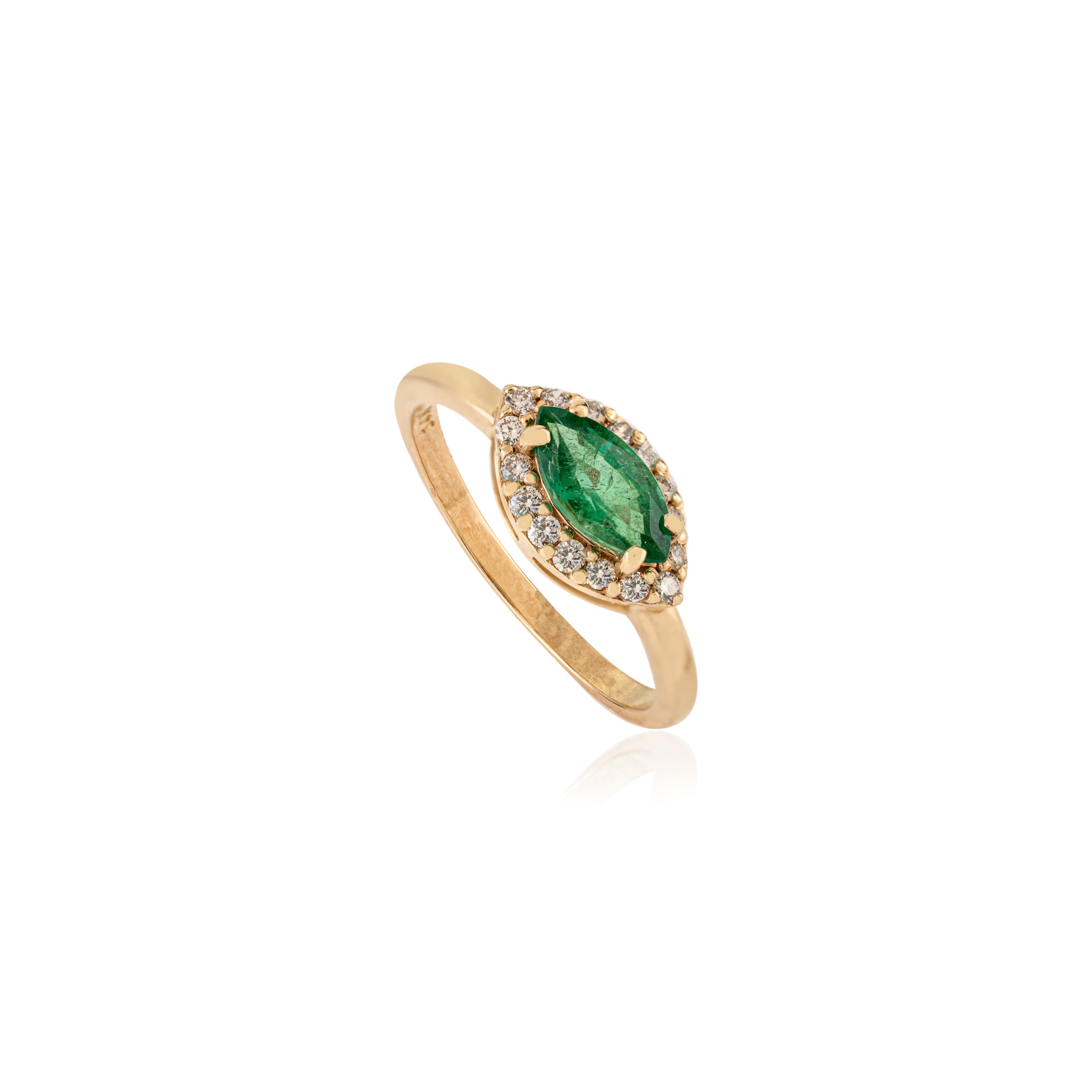 En vente :  VR Jewels Bague halo en or jaune massif 14 carats avec émeraude taillée en marquise et diamant 7