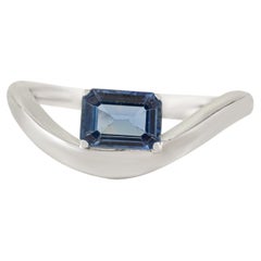 VR Jewels Minimalist 14K White Gold Emerald-Cut Natural Blue Sapphire Wave Ring