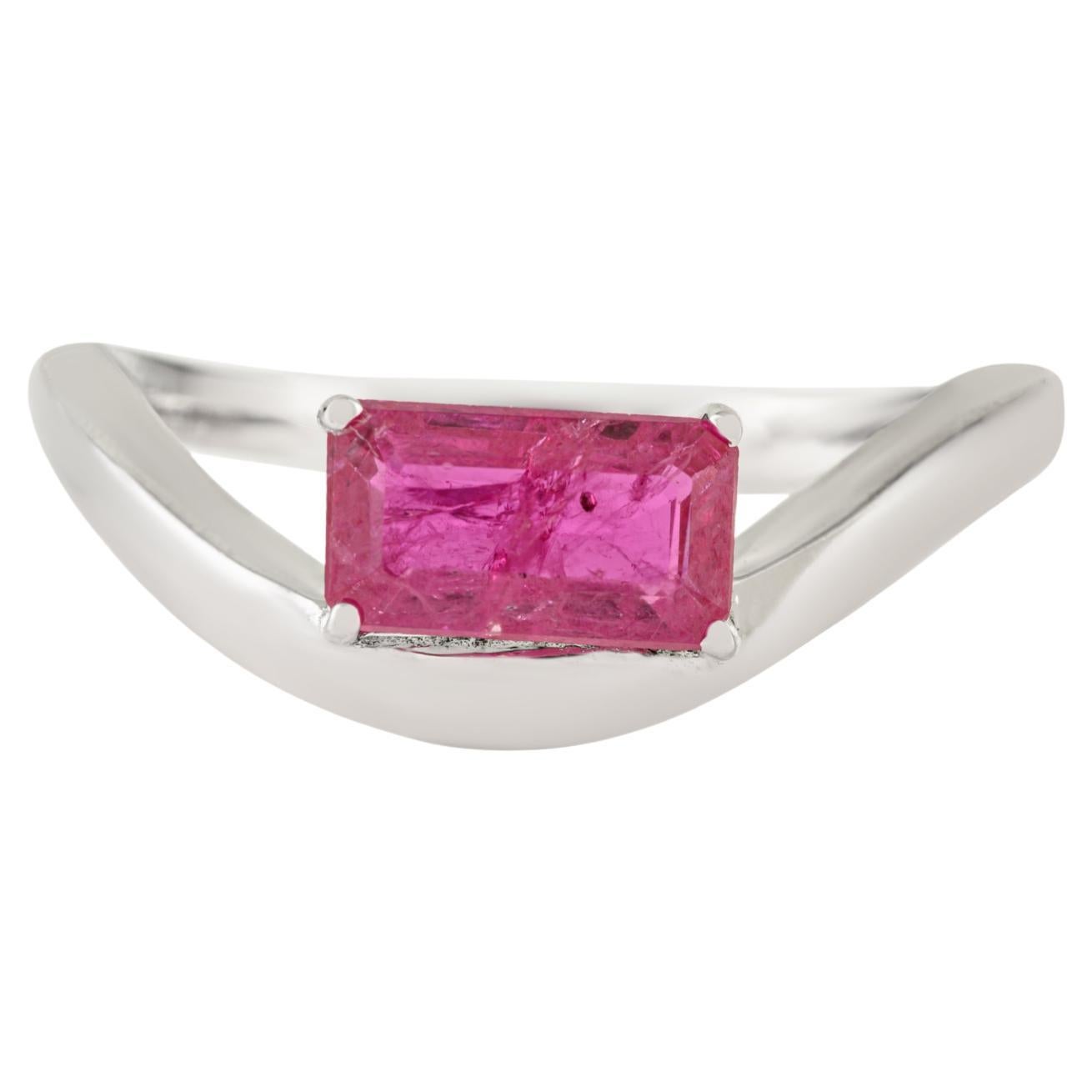 VR Jewels Moderno Anillo Onda Solitario de Rubí Natural talla Octágono en Oro Blanco de 14 K