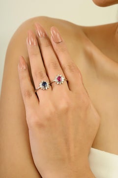 VR Jewels Oval Ruby & Baguette Diamond Halo Engagement Ring in 14K White Gold