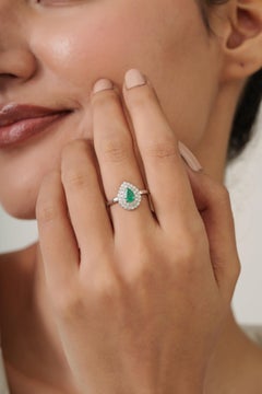 VR Jewels Pear Cut Emerald Diamond 14k White Gold Double Halo Statement Ring
