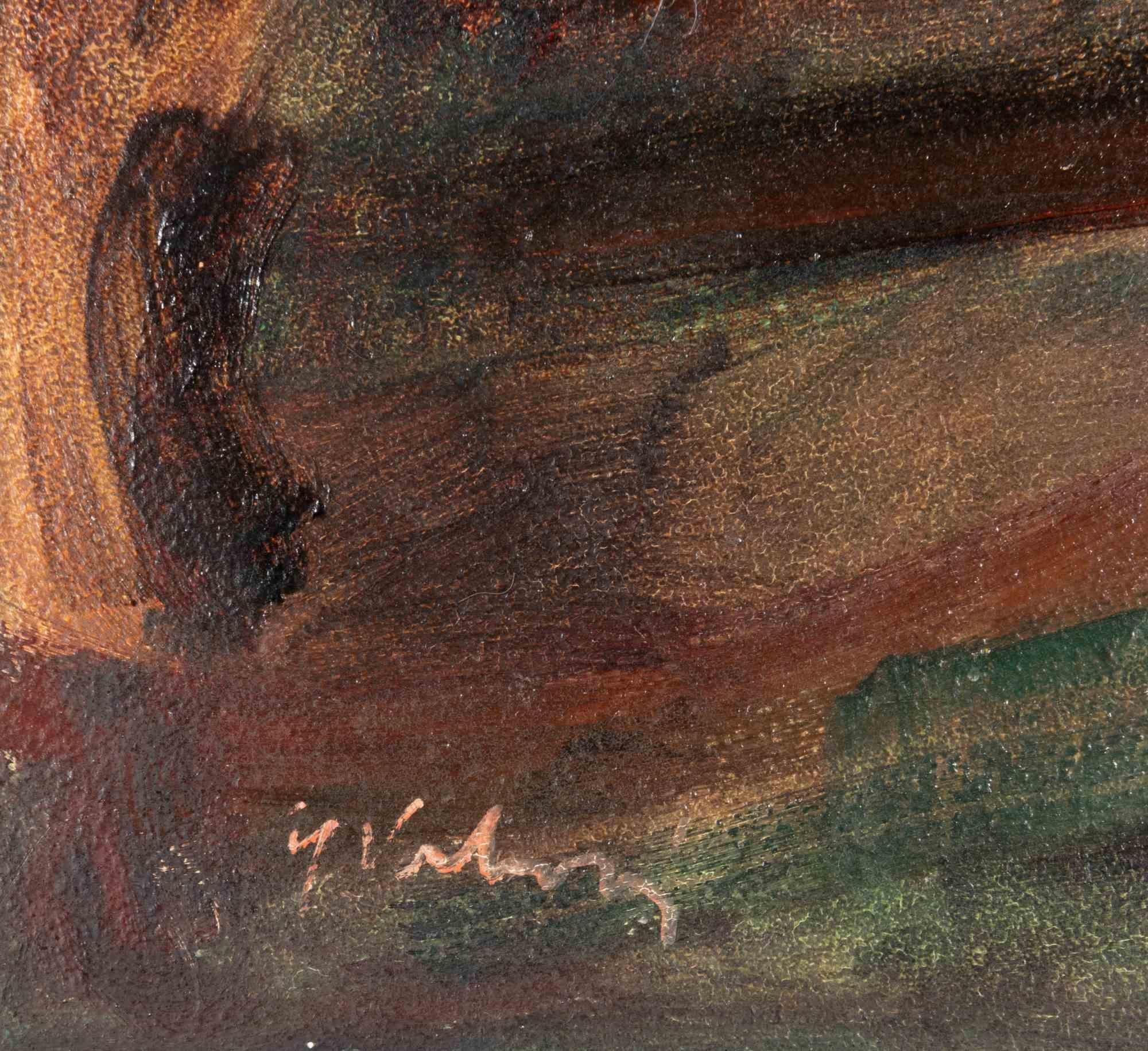 Pierot im Schminkzimmer - Öl auf Leinwand von Vrbova Miloslav- Mitte des 20. Jahrhunderts – Painting von Vrbova Miloslava Prof. Zinkovy