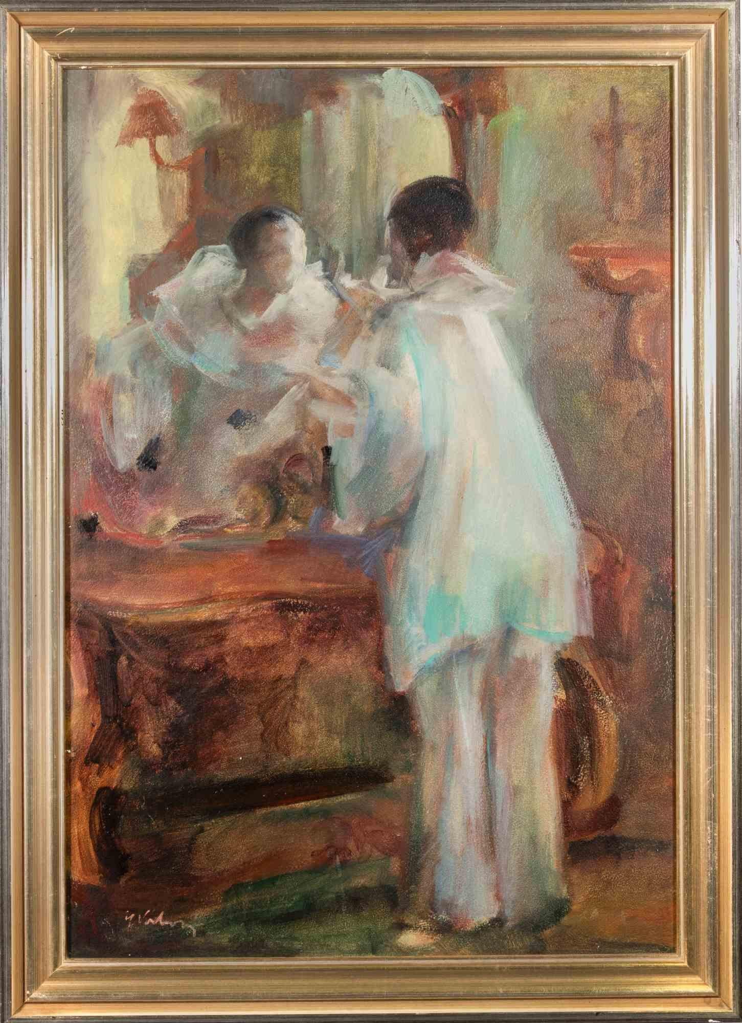 Pierot in the Dressing Room - Oil on Canvas by Vrbova Miloslav- Mid-20th Century
