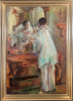 Vintage Pierot in the Dressing Room - Oil on Canvas by Vrbova Miloslav- Mid-20th Century