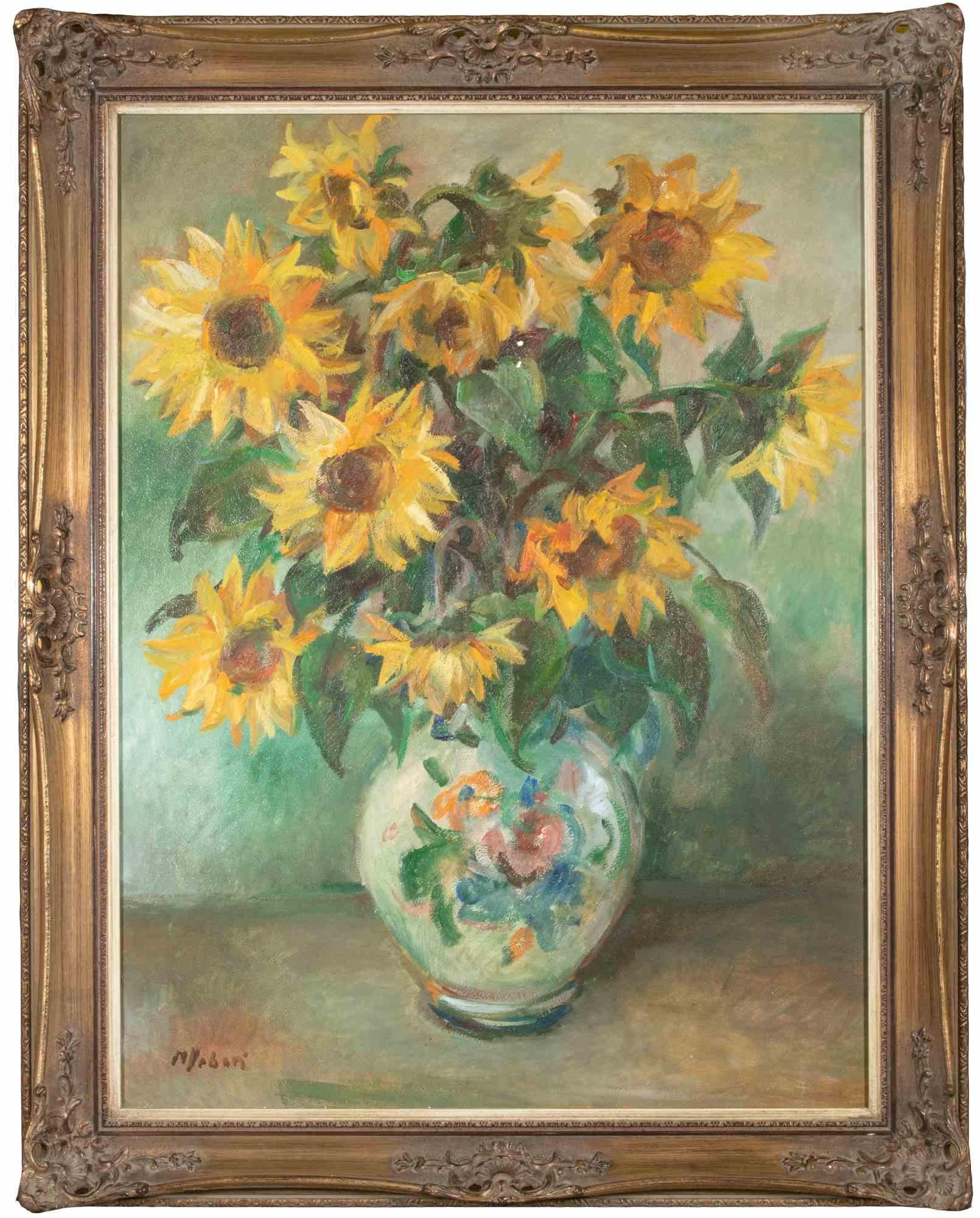Vrbova Miloslava Prof. Zinkovy Figurative Painting – Sonnenblumen – Öl auf Leinwand von Vrbova Miloslav Prof. Zinkovy – Mitte des 20. Jahrhunderts