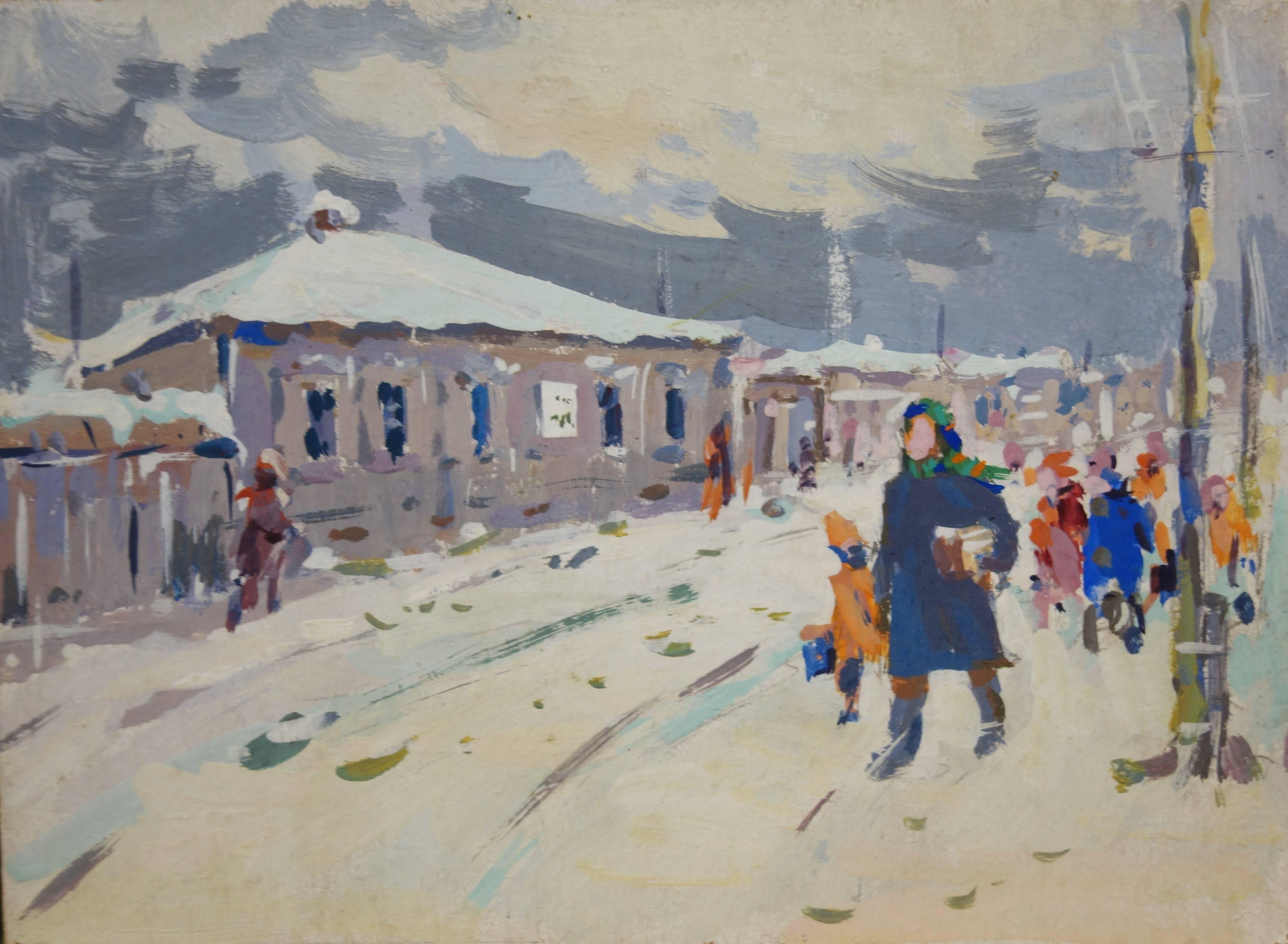 Vsevolod Solodov Landscape Painting - "going to school"Winter, Russian art, Children, Snow, Frost, cm- 33 x 24 1960