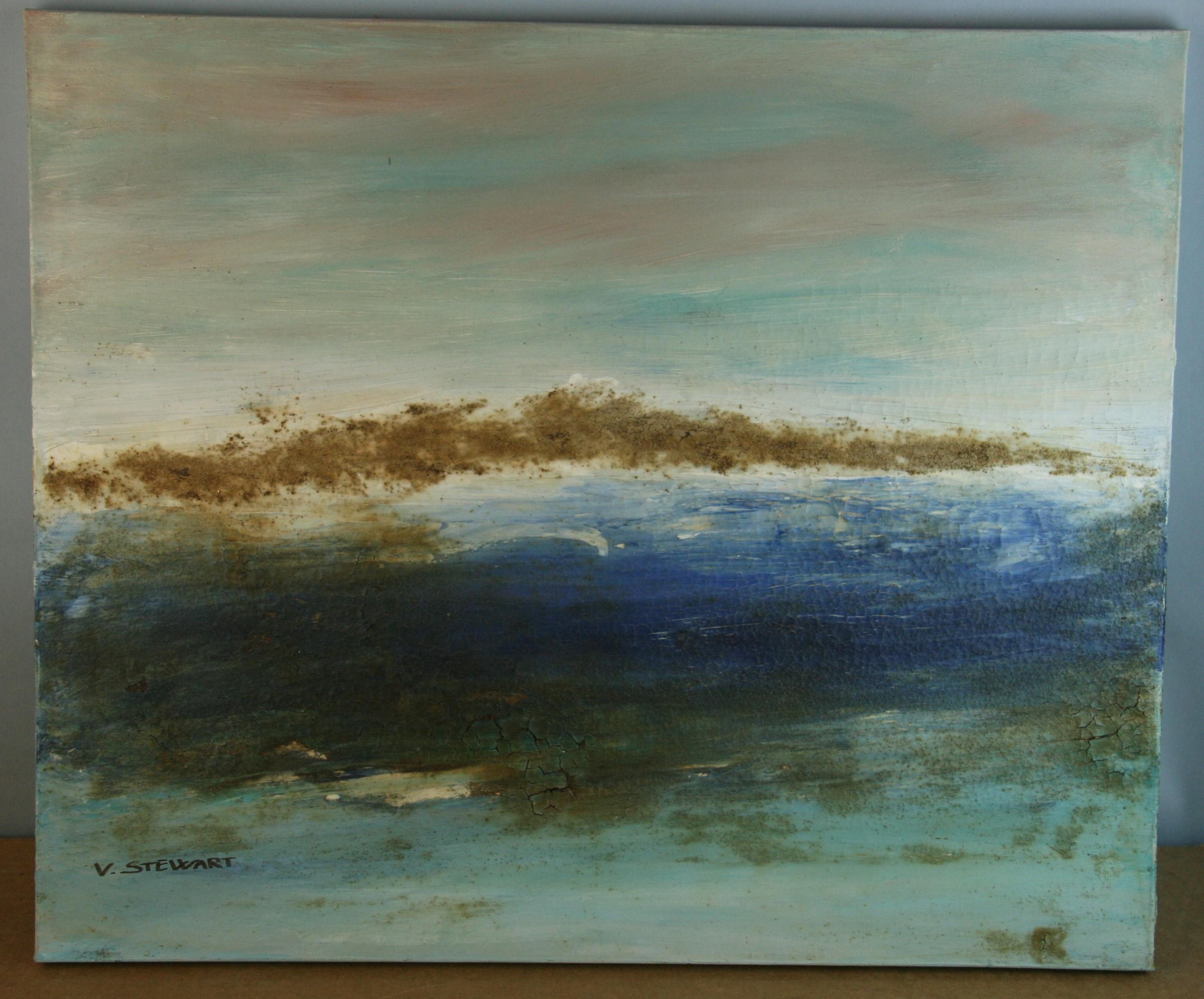 Abstract Painting di V.Stewart - Pittura impressionista californiana di un paesaggio marino, olio su tela, 50 x 60 cm