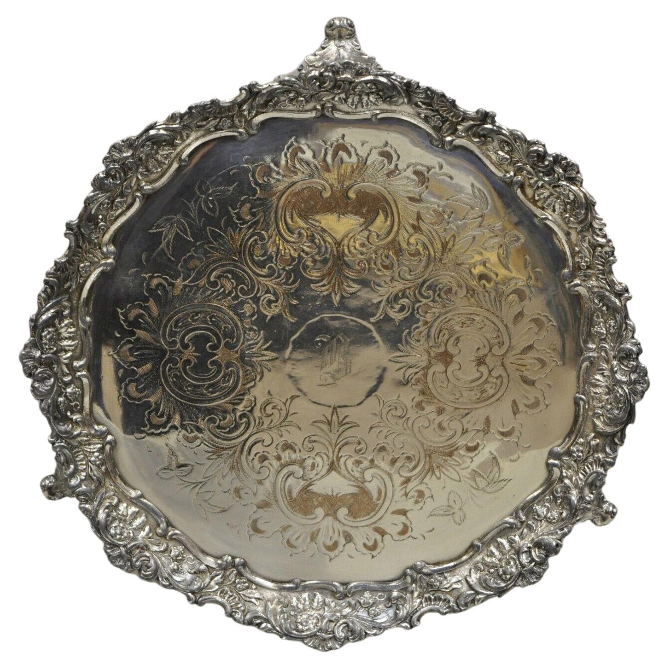 Vtg 1940s Victorian Silver Plate 12" Ornate Round Platter Tray to Francis Biddle For Sale