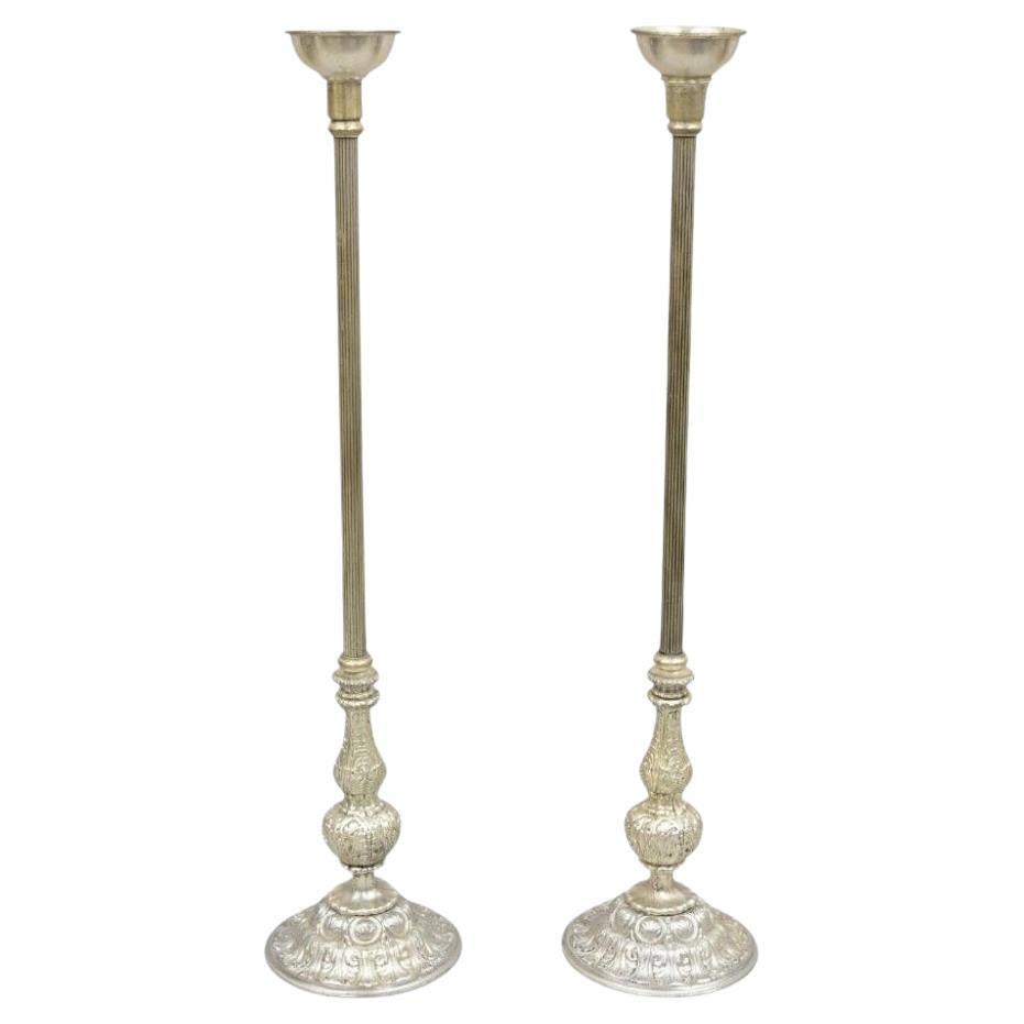 Vtg 43" Tall Baroque Style Silver Plated Collapsible Floor Candlesticks in Box in vendita