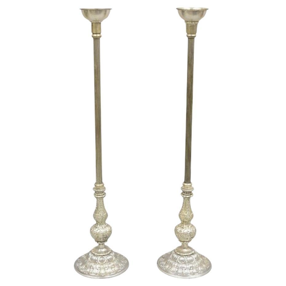 Vtg 43" Tall Baroque Style Silver Plated Collapsible Floor Candlesticks in Box For Sale