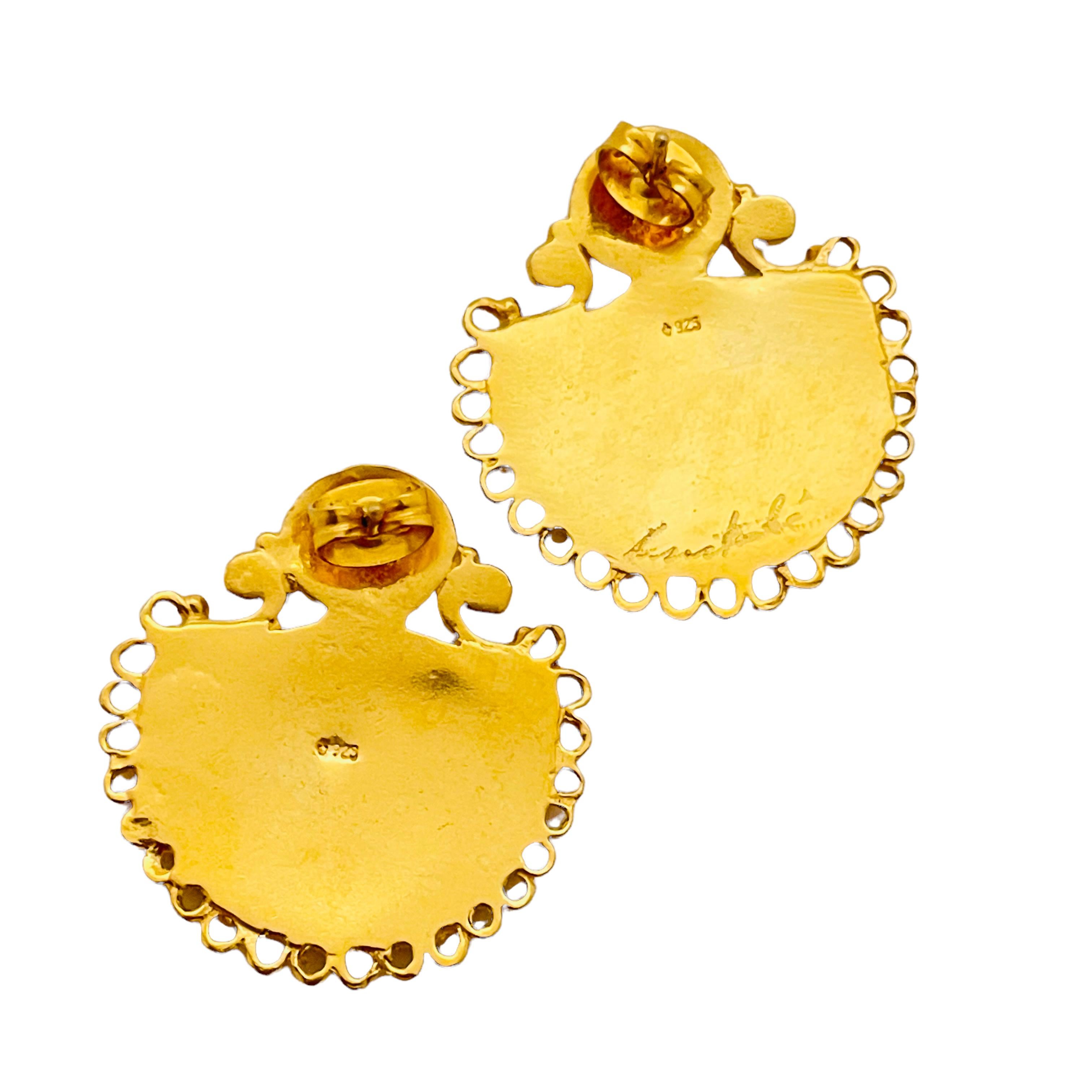 Women's or Men's Vtg 925 sterling silver gold plated pierced designer signed earrings For Sale
