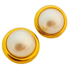 Vtg ANNE KLEIN gold pearl clip on earrings designer runway