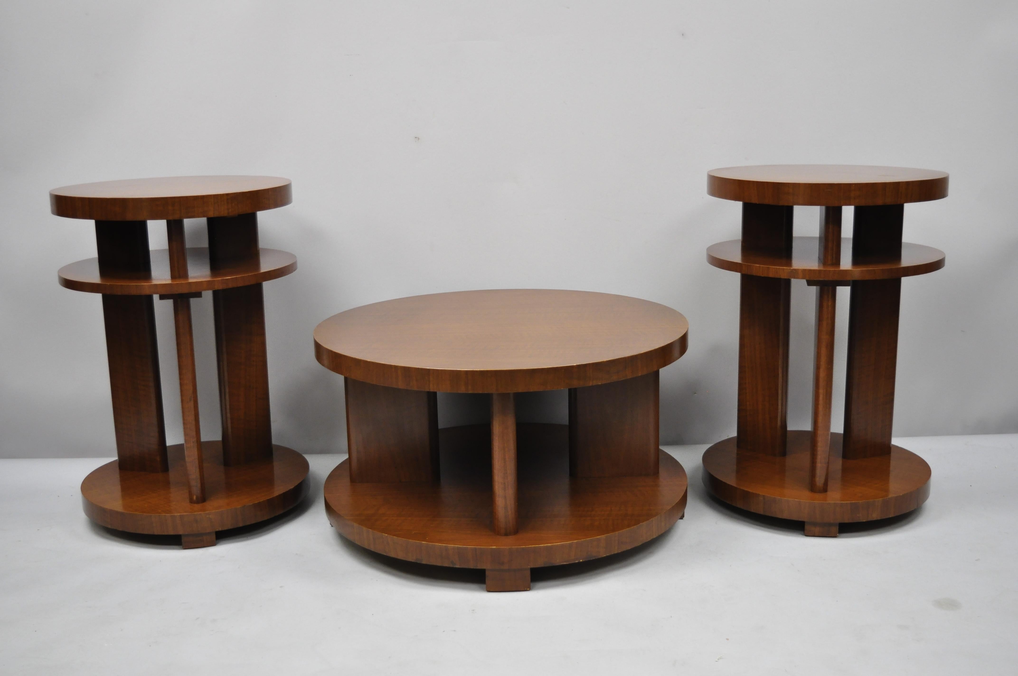 Art Deco French Round Mahogany 3-Piece Coffee End Tables after Gilbert Rohde 7