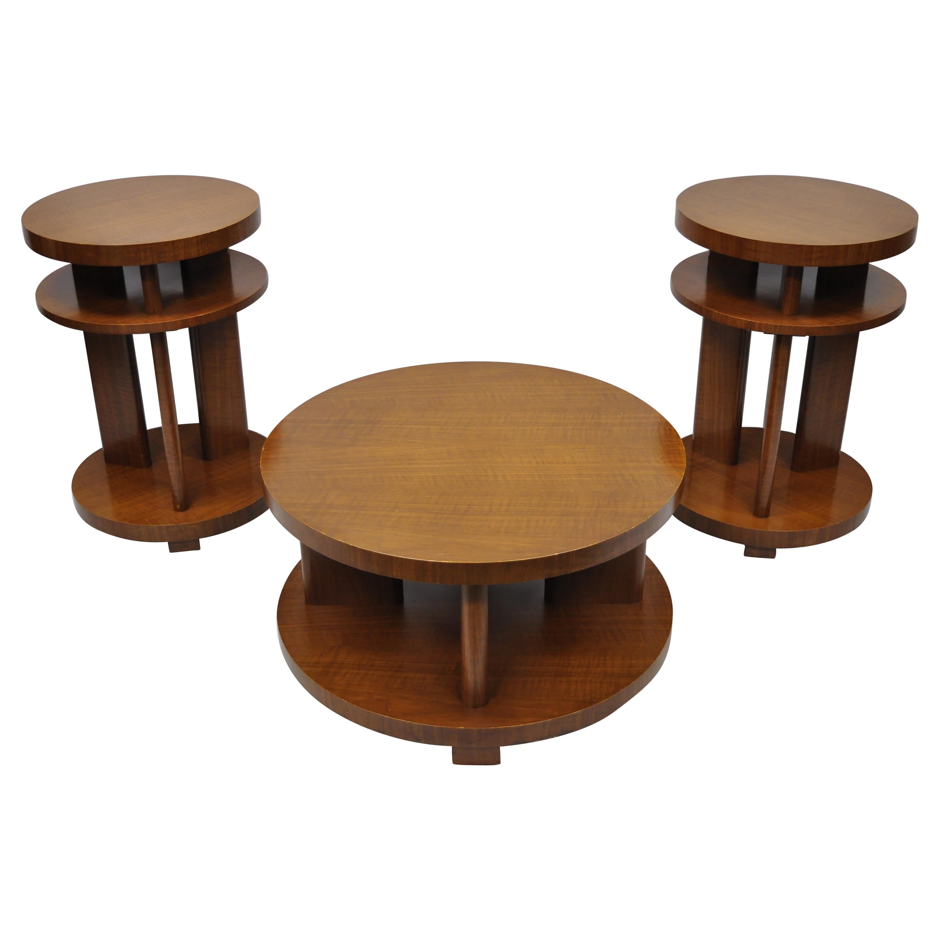 Art Deco French Round Mahogany 3-Piece Coffee End Tables after Gilbert Rohde