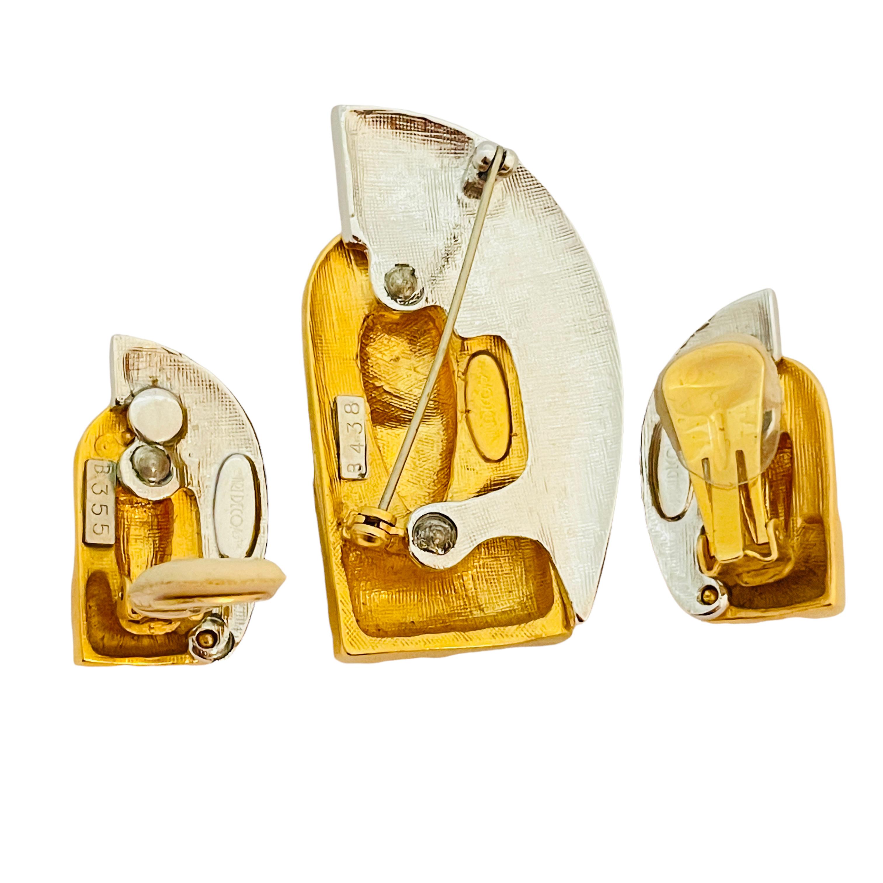 Women's or Men's Vtg ART DECO gold silver modernist brooch earrings set designer runway For Sale