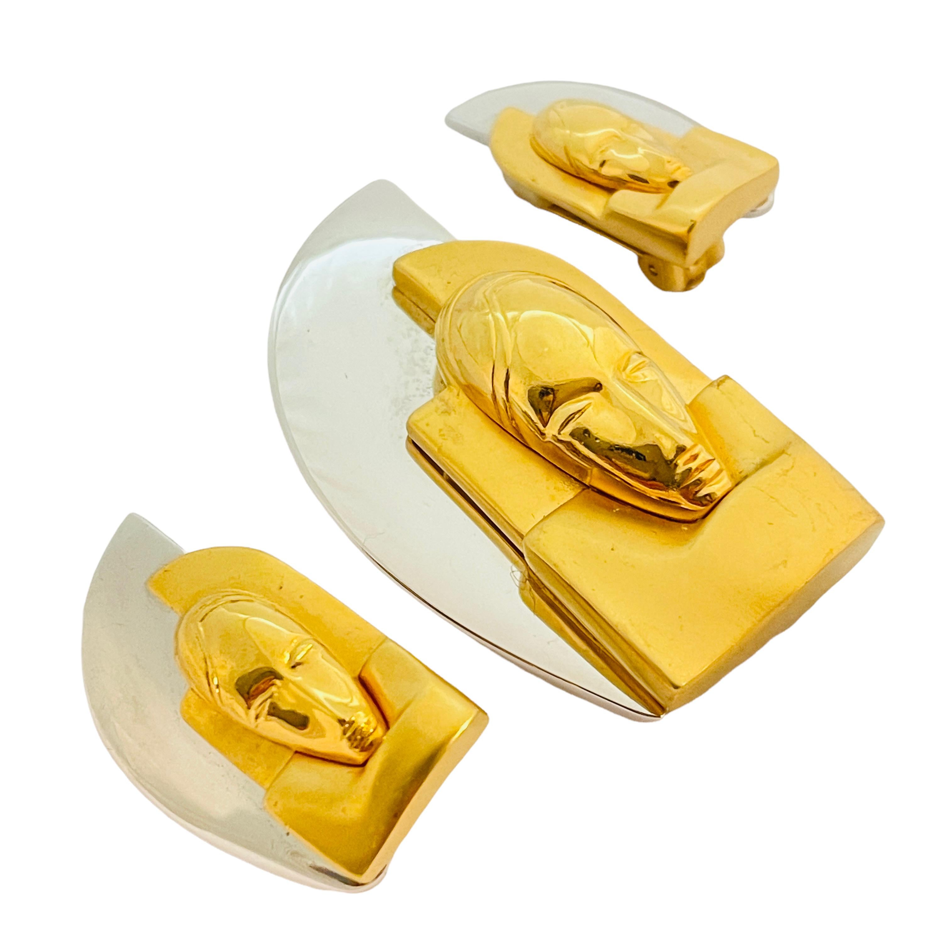 Vtg ART DECO gold silver modernist brooch earrings set designer runway For Sale 1