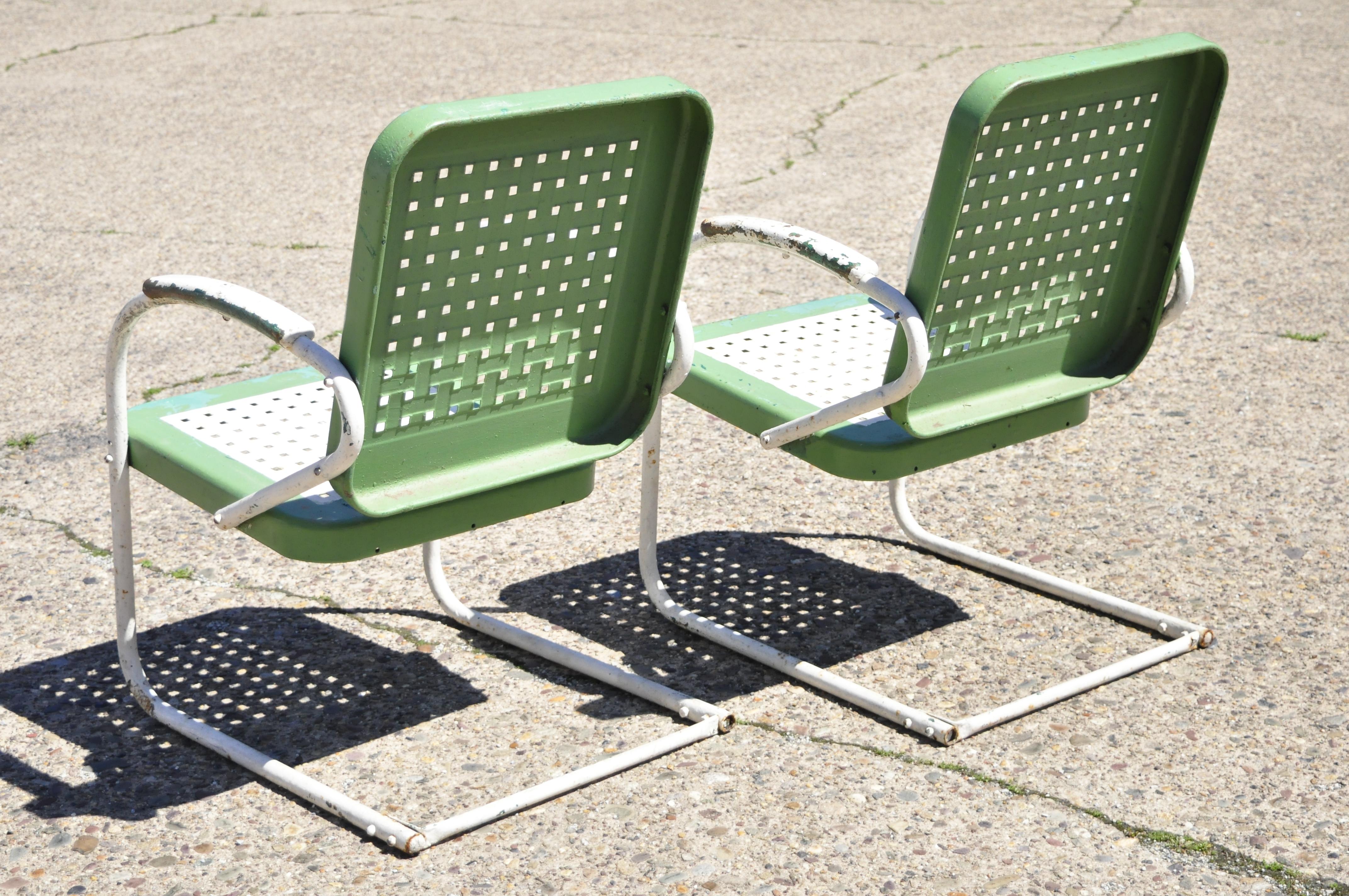 Vtg Art Deco Metal Basketweave Old Green Porch Outdoor Spring Arm Chairs, Pair 5