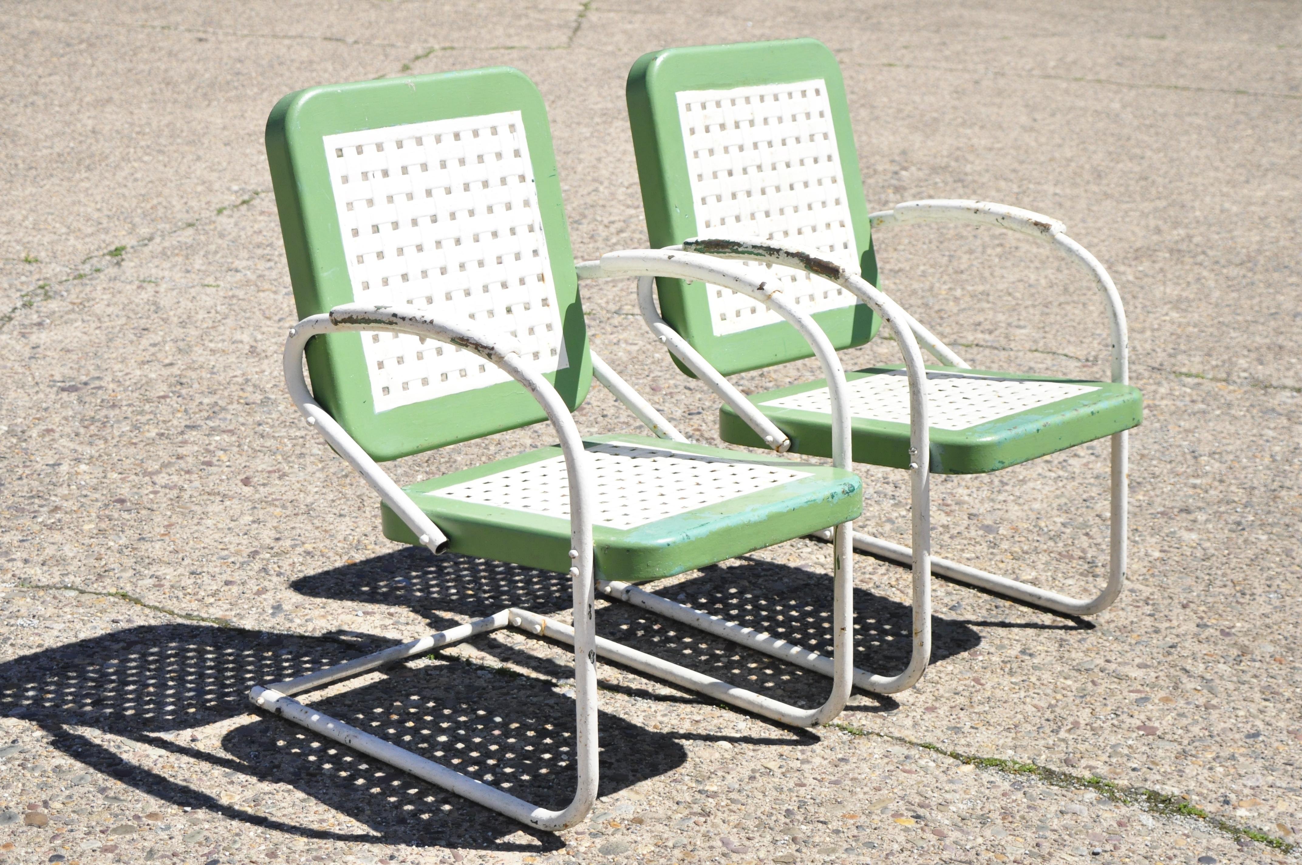 Vtg Art Deco Metal Basketweave Old Green Porch Outdoor Spring Arm Chairs, Pair 6