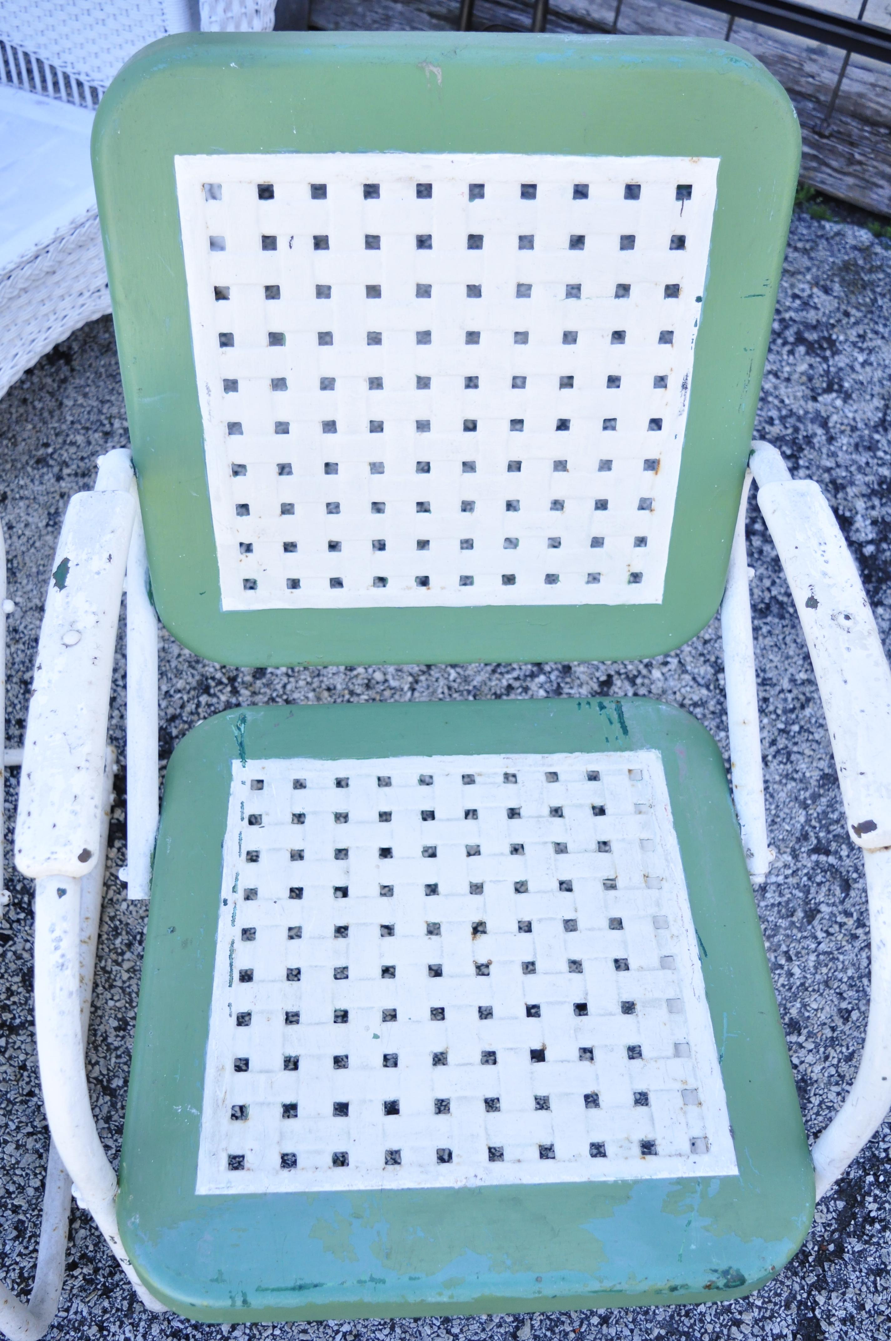 Vtg Art Deco Metal Basketweave Old Green Porch Outdoor Spring Arm Chairs, Pair In Good Condition In Philadelphia, PA