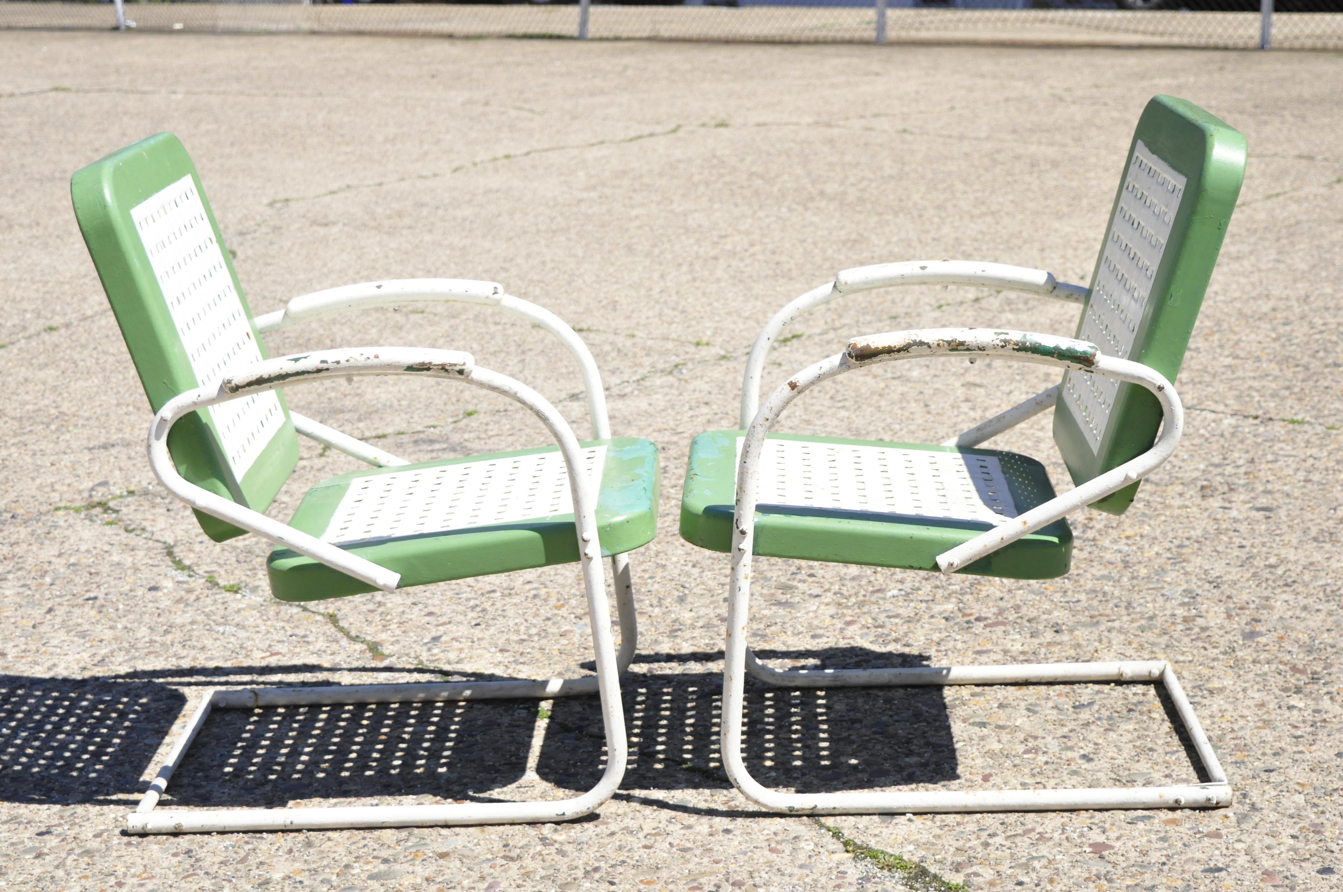 20th Century Vtg Art Deco Metal Basketweave Old Green Porch Outdoor Spring Arm Chairs, Pair
