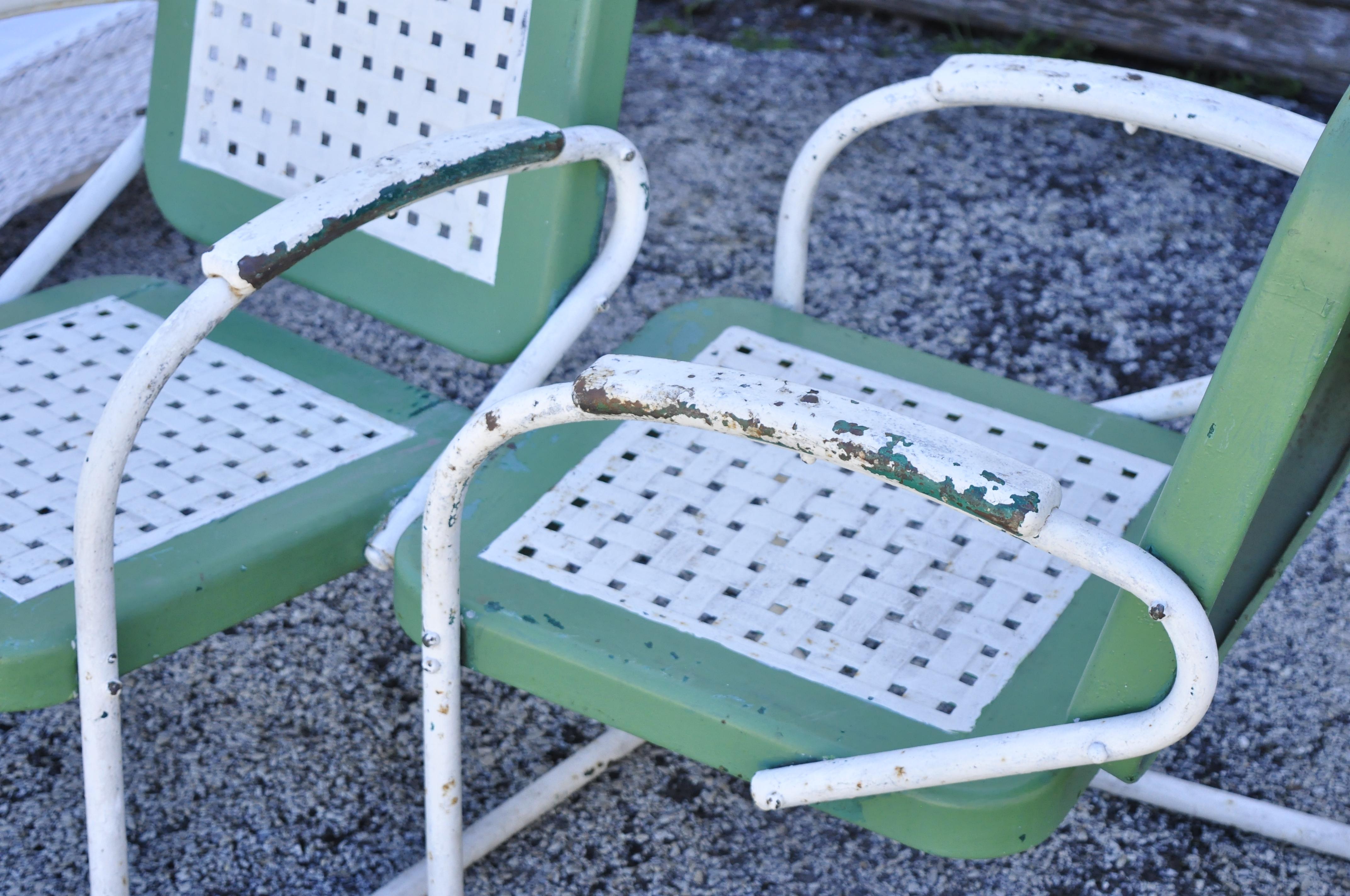 Vtg Art Deco Metal Basketweave Old Green Porch Outdoor Spring Arm Chairs, Pair 2
