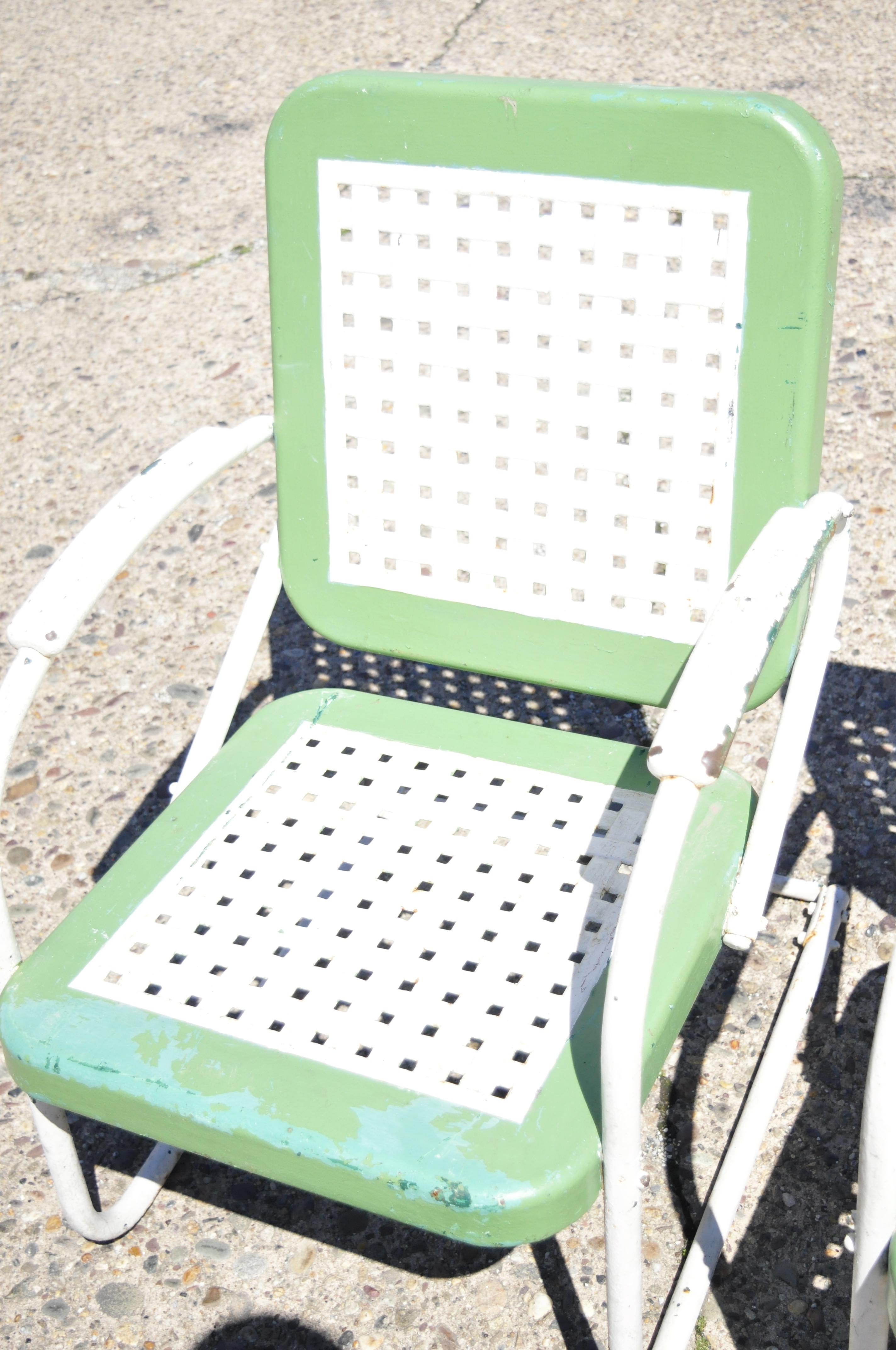 Vtg Art Deco Metal Basketweave Old Green Porch Outdoor Spring Arm Chairs, Pair 3