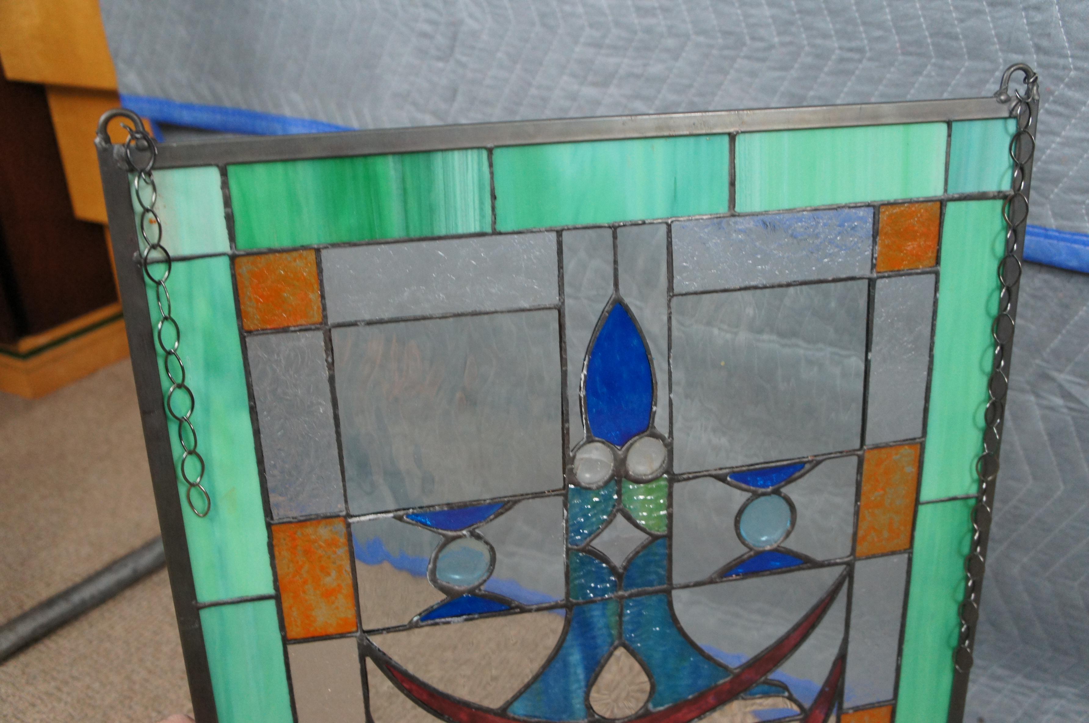 Vtg Arts & Crafts Clear Green Blue Leaded Stained Glass Hanging Window Panel 3