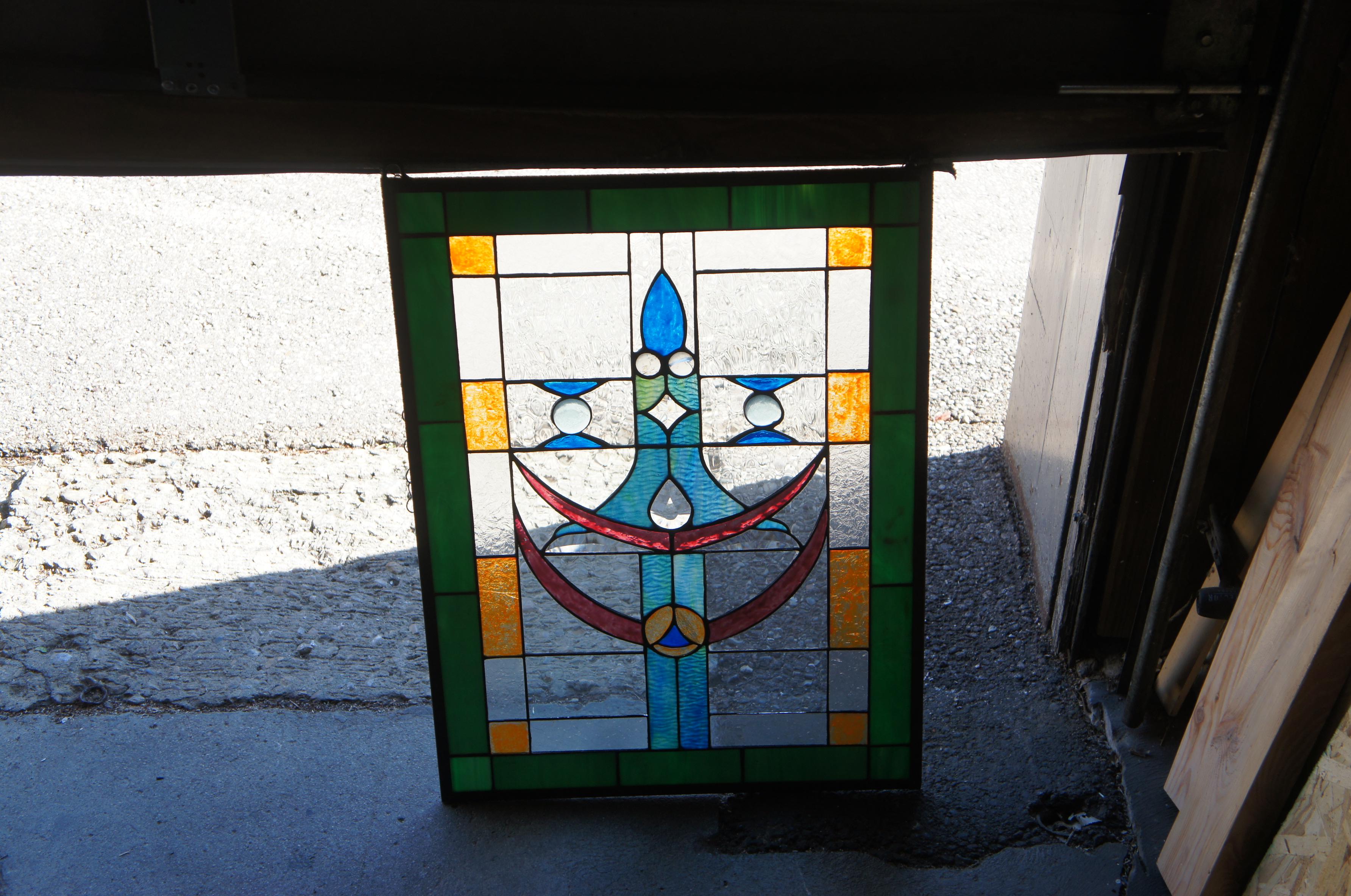 Modern Vtg Arts & Crafts Clear Green Blue Leaded Stained Glass Hanging Window Panel