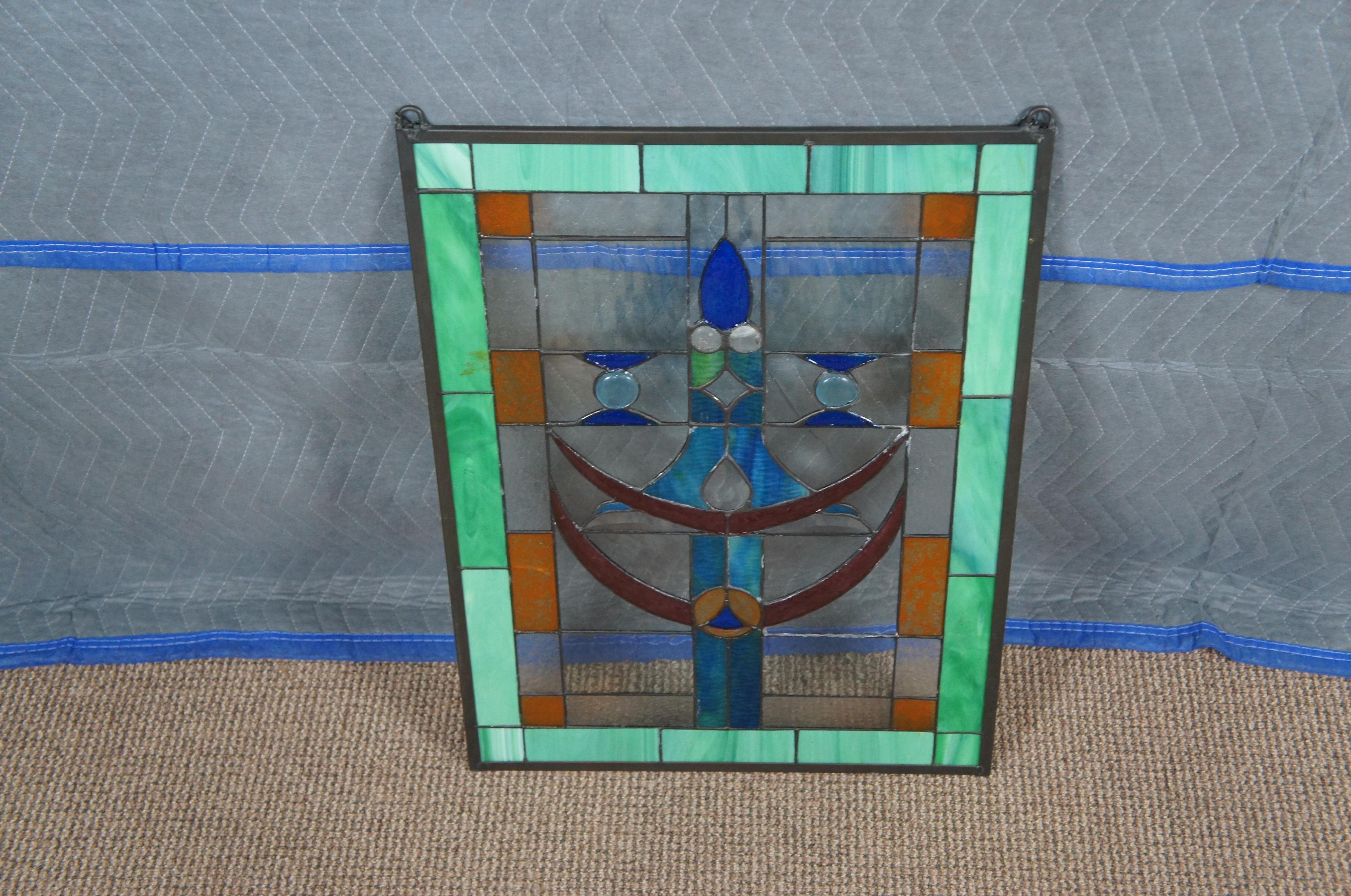 American Vtg Arts & Crafts Clear Green Blue Leaded Stained Glass Hanging Window Panel