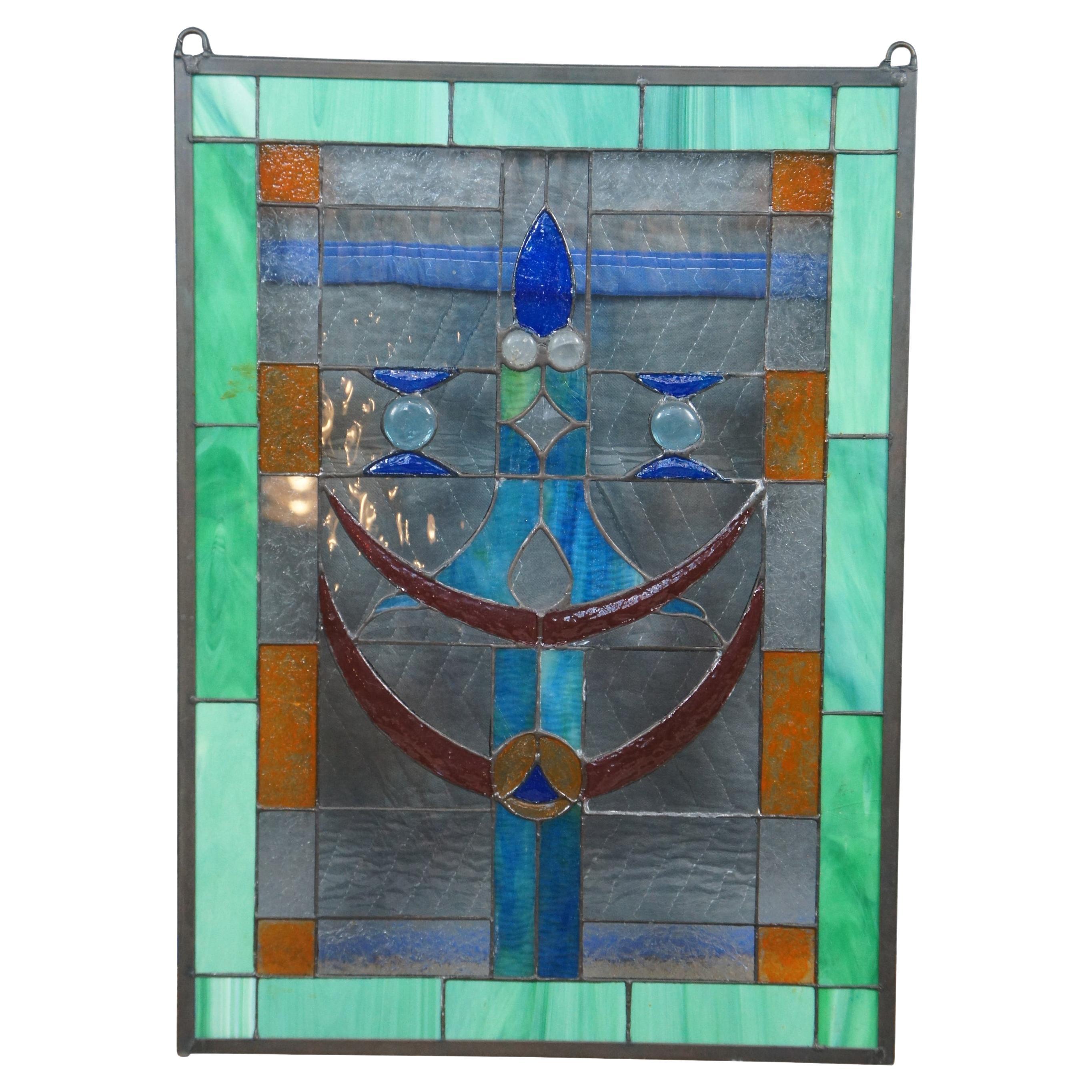 Vtg Arts & Crafts Clear Green Blue Leaded Stained Glass Hanging Window Panel